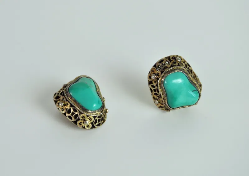 Online Pamono Turquoise and Sterling Silver Ear Clips by Erik Poul Fenster, Denmark, 1960s, Set of 2