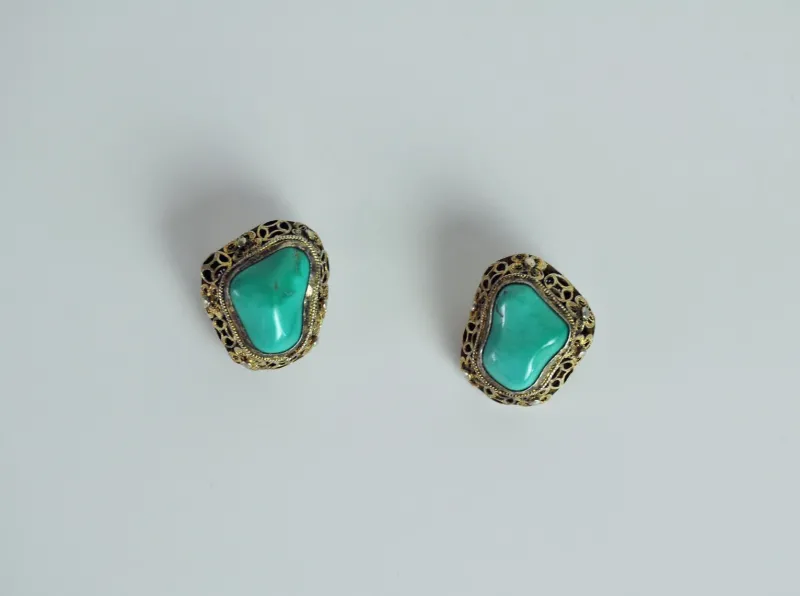Online Pamono Turquoise and Sterling Silver Ear Clips by Erik Poul Fenster, Denmark, 1960s, Set of 2