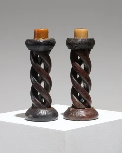 Hot Pamono Twisted Wood Candlesticks, 1950s, Set of 2