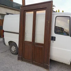 Hot Pamono Two-Leaf Door with Solid Fir Wood Frame & Frosted Striped Glass, Italy
