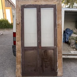Hot Pamono Two-Leaf Door with Solid Fir Wood Frame & Frosted Striped Glass, Italy