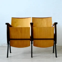 Pamono Two-Seater Cinema Armchair Bench in Numbered Two-Tone Wood, 1960s> Benches