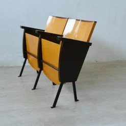 Pamono Two-Seater Cinema Armchair Bench in Numbered Two-Tone Wood, 1960s><noscript><img width=