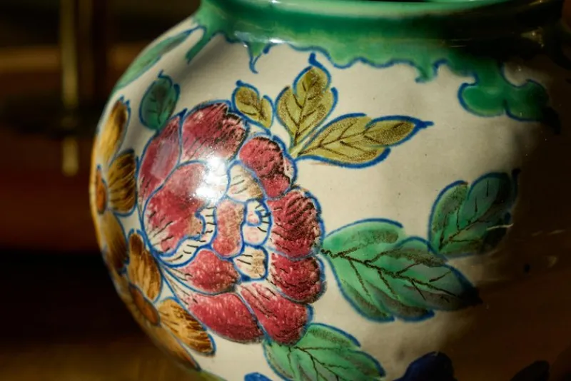 Best Pamono Vase with Flower Decor, Gouda, Holland, 1920s