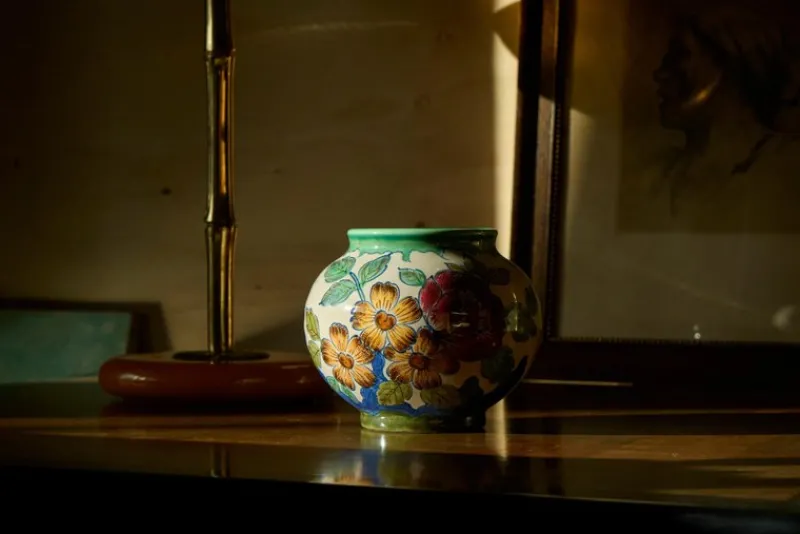 Best Pamono Vase with Flower Decor, Gouda, Holland, 1920s