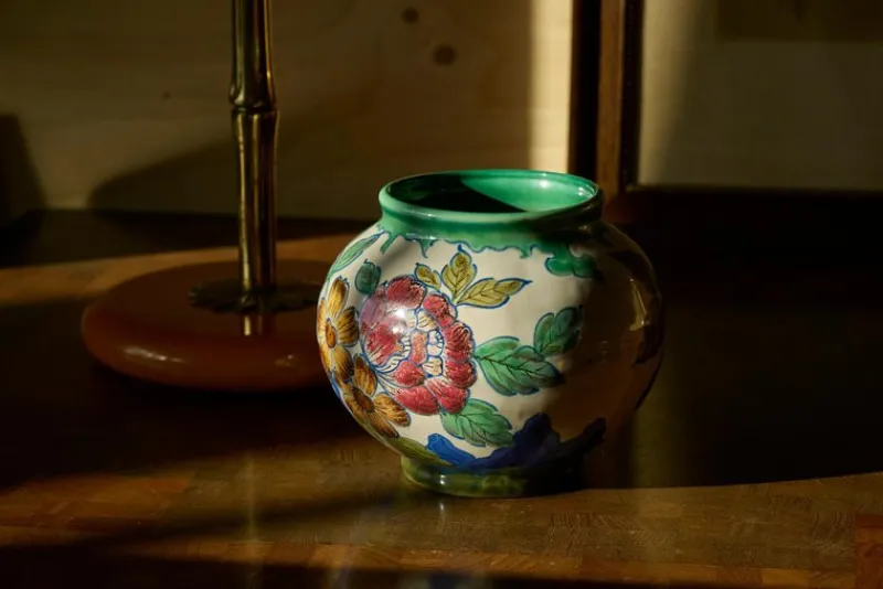 Best Pamono Vase with Flower Decor, Gouda, Holland, 1920s