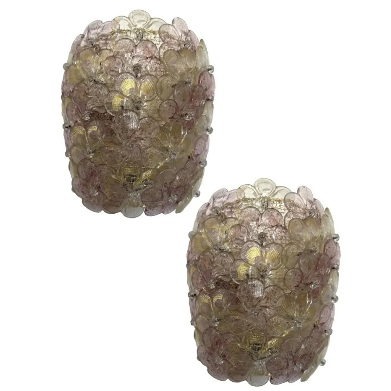Pamono Venetian Gold and Violet Flowers Wall Sconces in Murano Glass by Simoeng, Set of 2> Wall Lights & Sconces|Wall Lights & Sconces