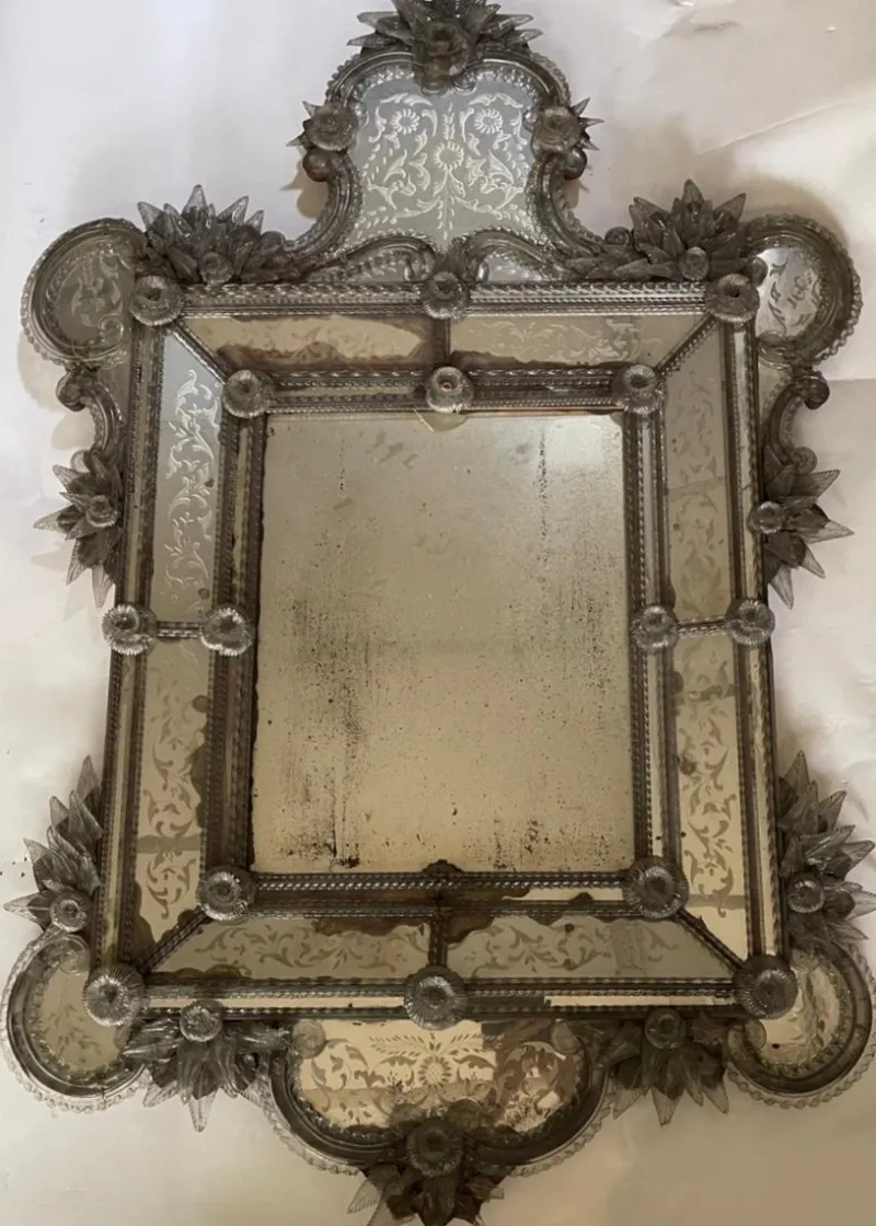 Pamono Venetian Mirror in Engraved Glass with Applied Flowers, 1890s> Mirrors