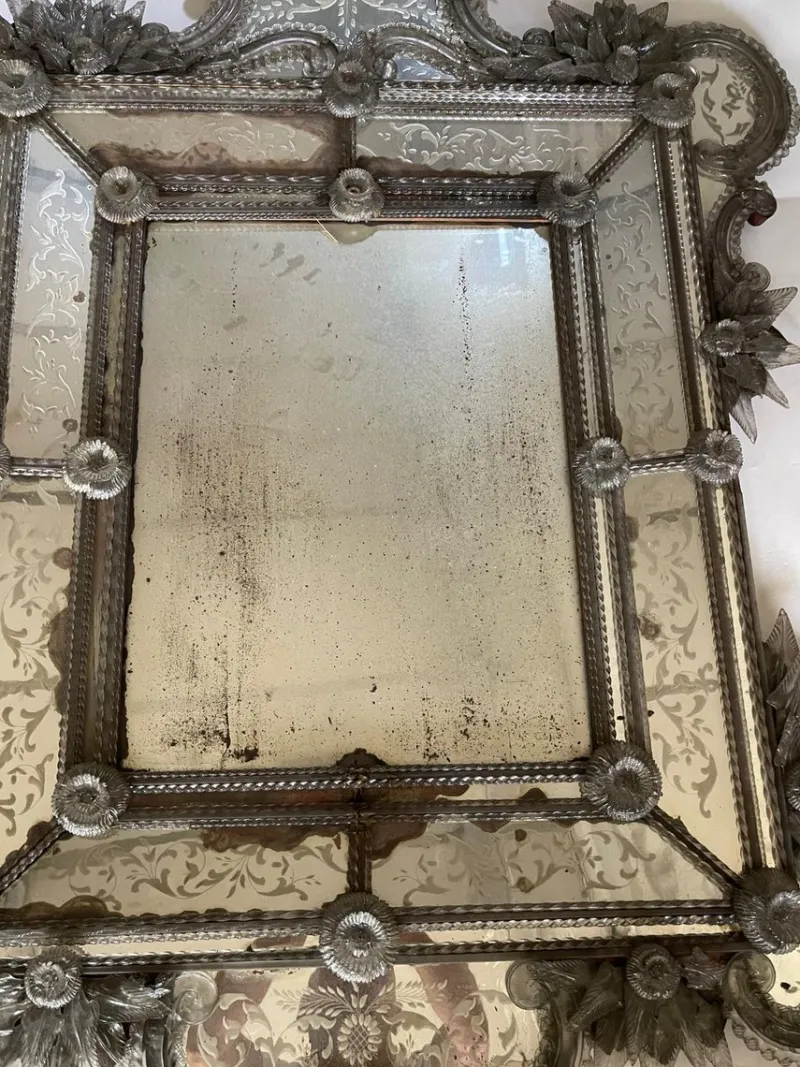Pamono Venetian Mirror in Engraved Glass with Applied Flowers, 1890s> Mirrors