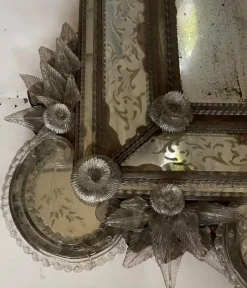 Pamono Venetian Mirror in Engraved Glass with Applied Flowers, 1890s><noscript><img width=