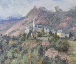 Pamono Vicente Gomez Fuste, Post Impressionist Village and Mountains, Mid-20th Century, Oil on Canvas> Impressionist