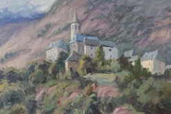 Pamono Vicente Gomez Fuste, Post Impressionist Village and Mountains, Mid-20th Century, Oil on Canvas> Impressionist