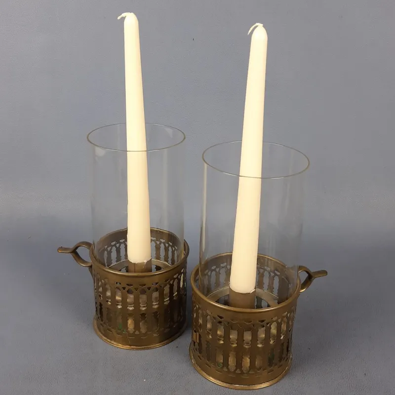 Pamono Victorian Brass and Glass Candlesticks, Early 1900s, Set of 2> Candleholders