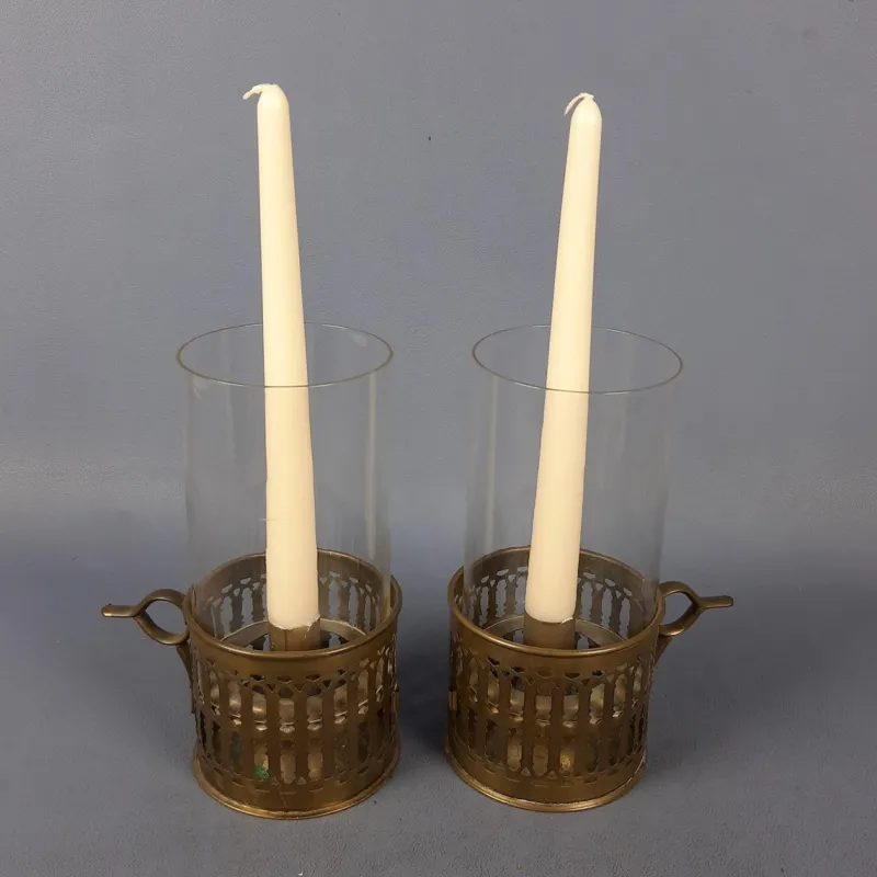 Pamono Victorian Brass and Glass Candlesticks, Early 1900s, Set of 2> Candleholders