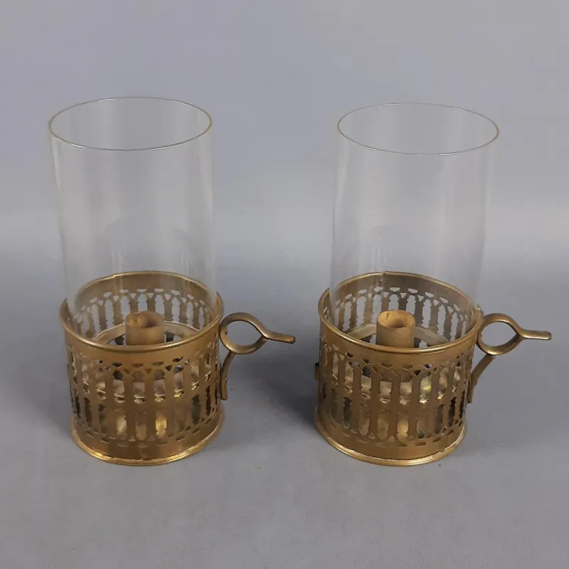Pamono Victorian Brass and Glass Candlesticks, Early 1900s, Set of 2> Candleholders