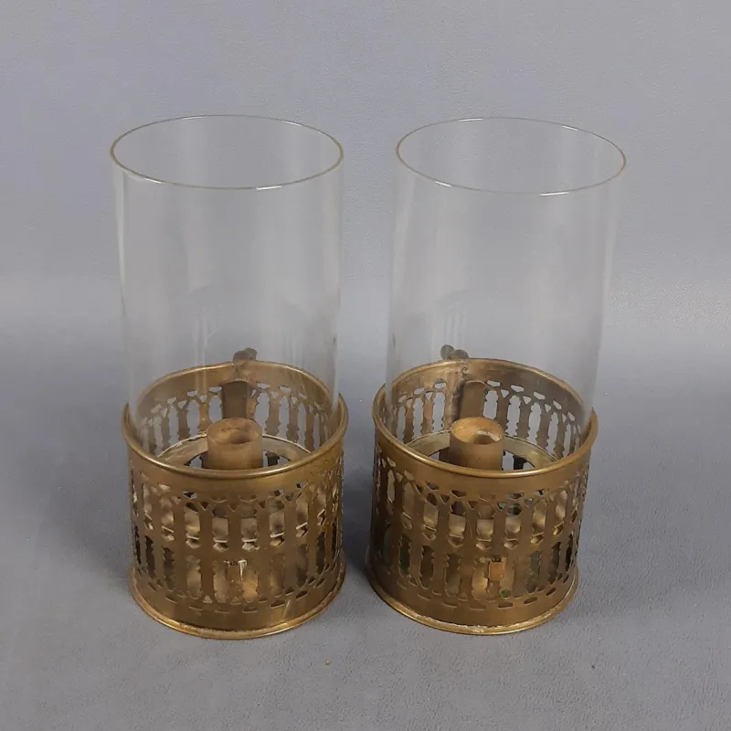 Pamono Victorian Brass and Glass Candlesticks, Early 1900s, Set of 2> Candleholders