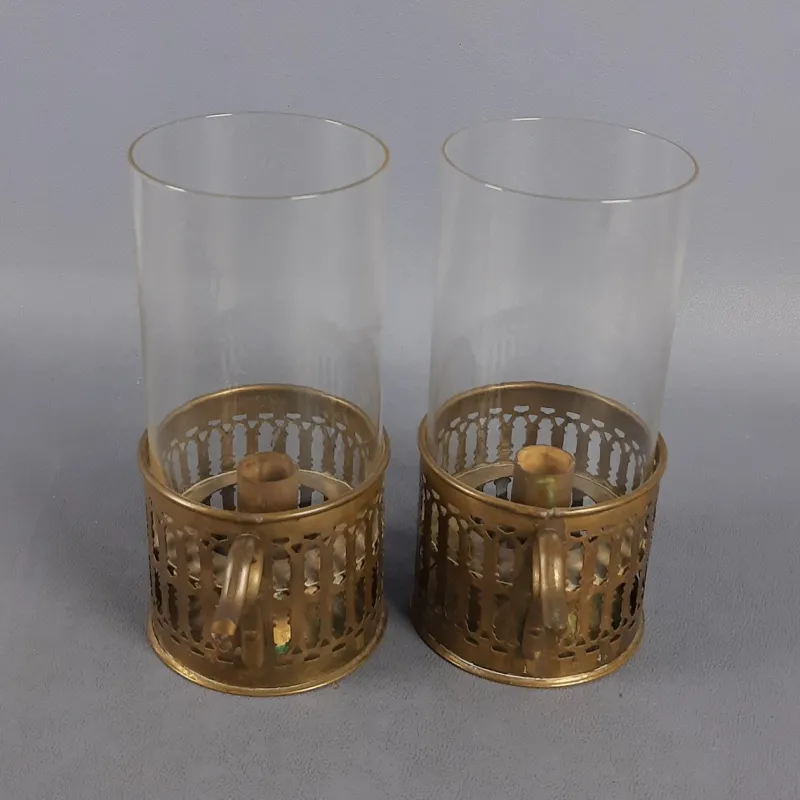 Pamono Victorian Brass and Glass Candlesticks, Early 1900s, Set of 2> Candleholders