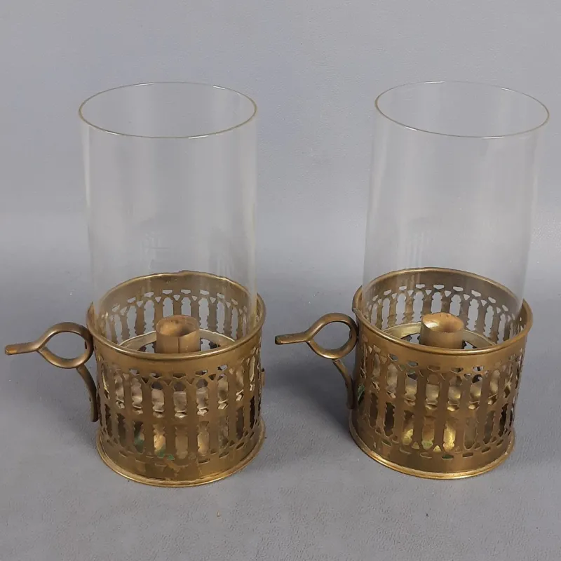 Pamono Victorian Brass and Glass Candlesticks, Early 1900s, Set of 2> Candleholders