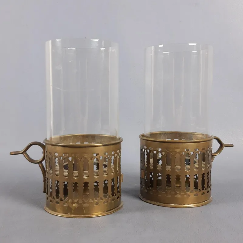 Pamono Victorian Brass and Glass Candlesticks, Early 1900s, Set of 2> Candleholders