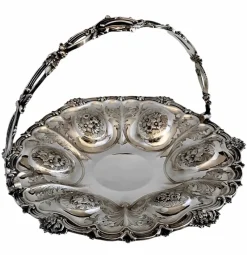 Pamono Victorian Chiseled and Engraved Sterling Silver Basket with Handle, 1870s> Dinnerware Accessories