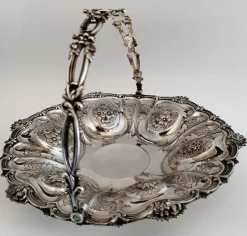 Pamono Victorian Chiseled and Engraved Sterling Silver Basket with Handle, 1870s><noscript><img width=
