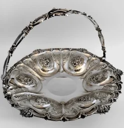 Pamono Victorian Chiseled and Engraved Sterling Silver Basket with Handle, 1870s><noscript><img width=