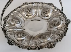Pamono Victorian Chiseled and Engraved Sterling Silver Basket with Handle, 1870s><noscript><img width=
