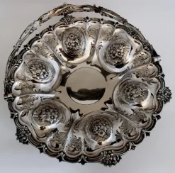 Pamono Victorian Chiseled and Engraved Sterling Silver Basket with Handle, 1870s><noscript><img width=