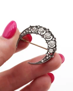 Pamono Victorian Crescent Moon Diamond Brooch