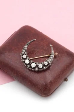 Pamono Victorian Crescent Moon Diamond Brooch