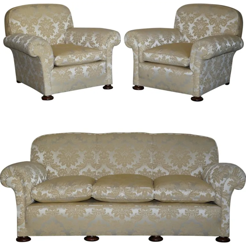 Pamono Victorian Damask Upholstery Sofa & Armchair Club Suite with Turned Bun Feet, Set of 3> Living Room Sets