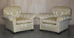 Pamono Victorian Damask Upholstery Sofa & Armchair Club Suite with Turned Bun Feet, Set of 3> Living Room Sets