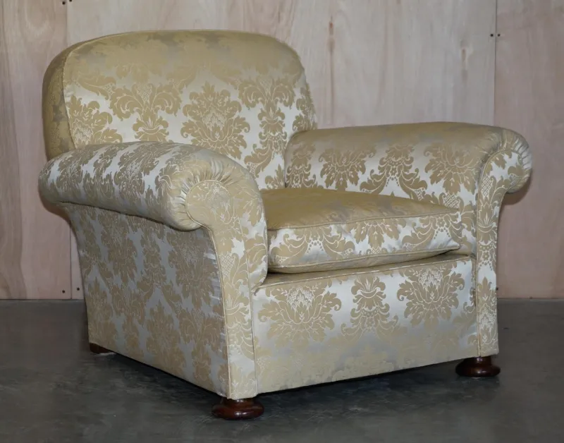 Pamono Victorian Damask Upholstery Sofa & Armchair Club Suite with Turned Bun Feet, Set of 3> Living Room Sets