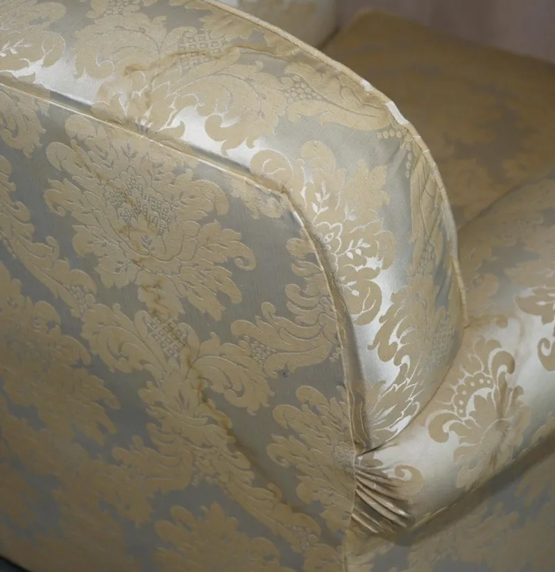 Pamono Victorian Damask Upholstery Sofa & Armchair Club Suite with Turned Bun Feet, Set of 3> Living Room Sets