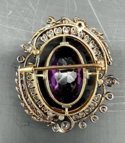 Pamono Victorian Gold Brooch with a Large Amethyst and Diamonds, 1880><noscript><img width=