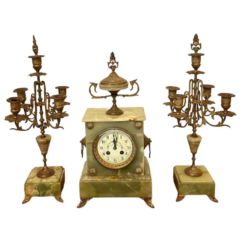 Discount Pamono Victorian Green Onyx Ornate Clock Garniture, Set of 3