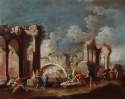 Best Pamono Vincenzo Re, Christ Healing a Sick Person Architectural Capriccio, 18th Century, Oil on Canvas