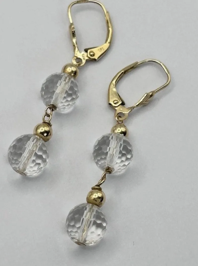 Pamono Vintage 14 Karat Gold and Rock Crystal Drop Earrings, Set of 2