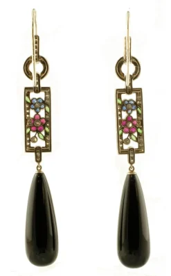 Pamono Vintage 18 Karat White Gold Earrings with Diamonds, Emeralds, Blue Sapphires, Rubies and Onyx, Set of 2> Earrings