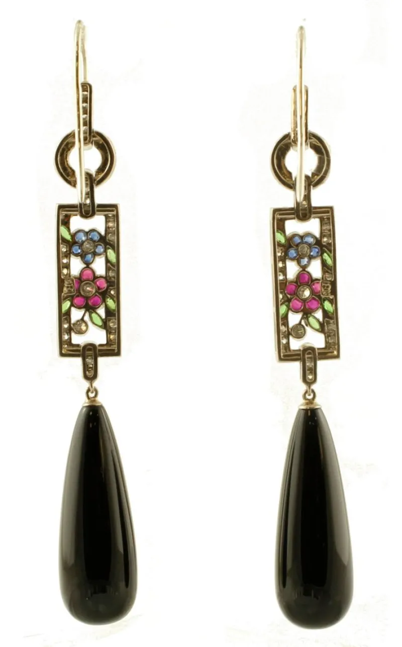 Pamono Vintage 18 Karat White Gold Earrings with Diamonds, Emeralds, Blue Sapphires, Rubies and Onyx, Set of 2> Earrings