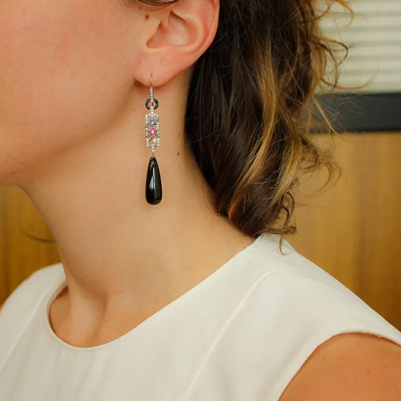 Pamono Vintage 18 Karat White Gold Earrings with Diamonds, Emeralds, Blue Sapphires, Rubies and Onyx, Set of 2> Earrings