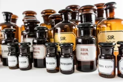 Pamono Vintage Amber Pharmacy Bottles, 1950, Set of 32><noscript><img width=