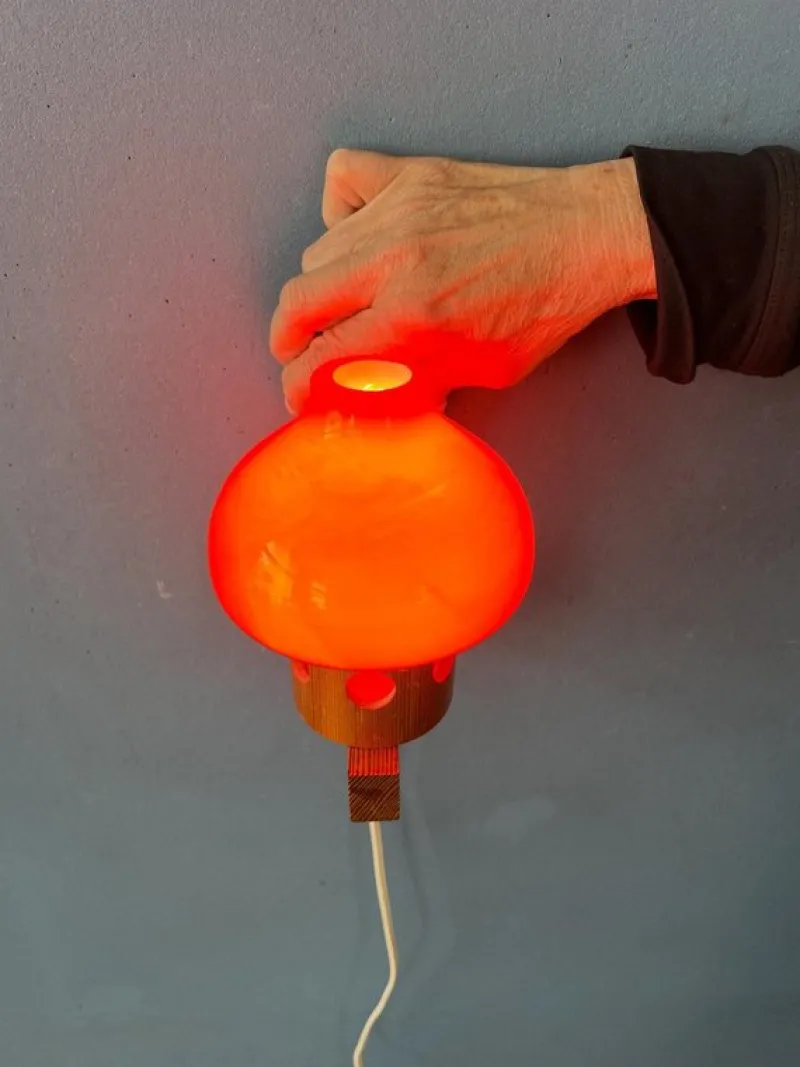 Pamono Vintage Aneta Pine Wall Sconce with Orange Glass Shade, 1950s> Wall Lights & Sconces