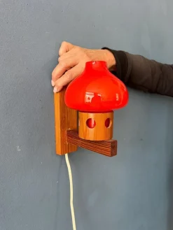 Pamono Vintage Aneta Pine Wall Sconce with Orange Glass Shade, 1950s><noscript><img width=