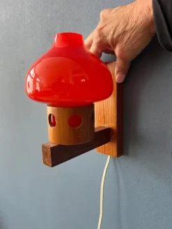 Pamono Vintage Aneta Pine Wall Sconce with Orange Glass Shade, 1950s><noscript><img width=