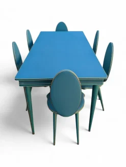 New Pamono Vintage Aqua Green Dining Set with Gilt Details by Umberto Mascagni, 1950s, Set of 7