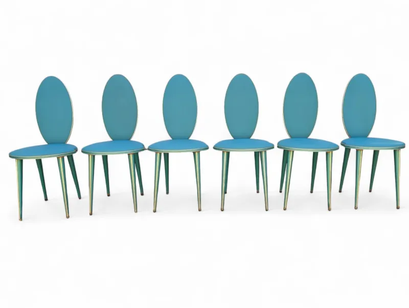 New Pamono Vintage Aqua Green Dining Set with Gilt Details by Umberto Mascagni, 1950s, Set of 7