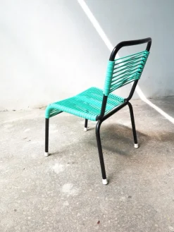 Clearance Pamono Vintage Aquamarine Green PVC Laces and Black Tubular Metal Childrens Chair, 1970s