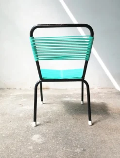 Clearance Pamono Vintage Aquamarine Green PVC Laces and Black Tubular Metal Childrens Chair, 1970s