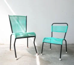 Clearance Pamono Vintage Aquamarine Green PVC Laces and Black Tubular Metal Childrens Chair, 1970s